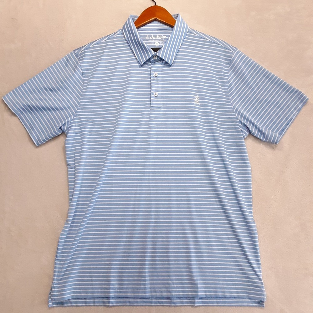 Chubbies Mens Performance Polo Shirt XL Light Blue Stripes RN#143198